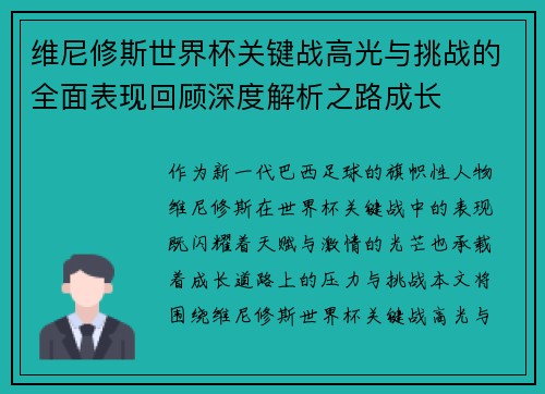 维尼修斯世界杯关键战高光与挑战的全面表现回顾深度解析之路成长