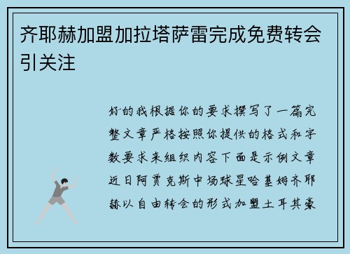 齐耶赫加盟加拉塔萨雷完成免费转会引关注
